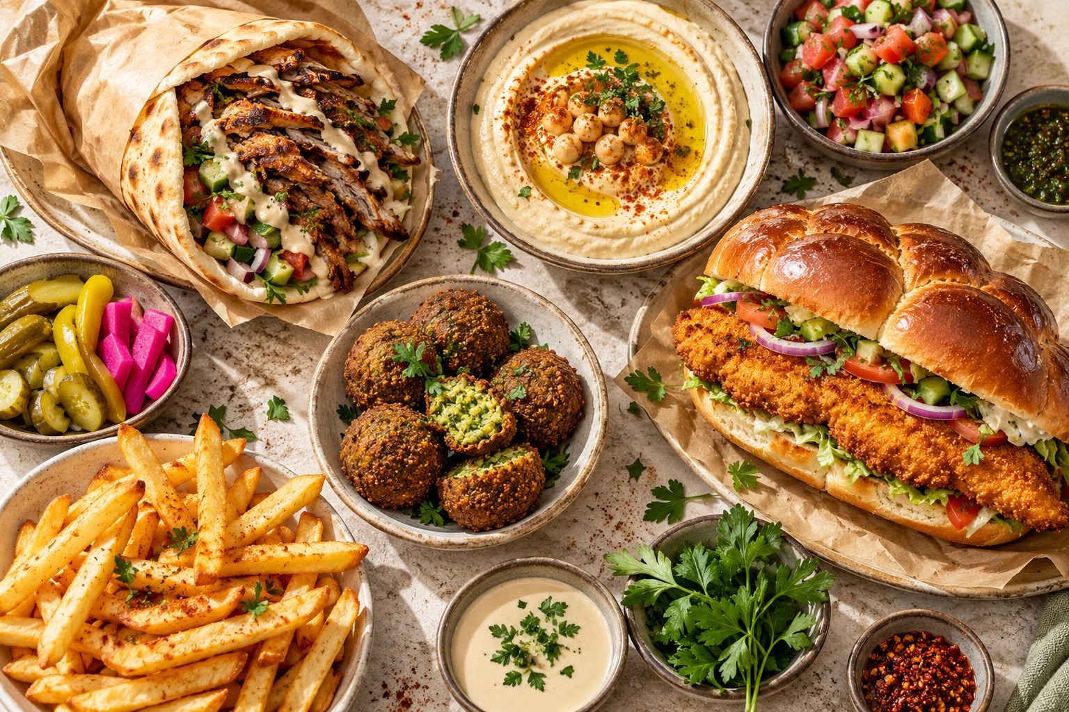 שולחן מנות כשרות: שווארמה בפיתה, חומוס, פלאפל, שניצל בחלה, צ'יפס וסלטים